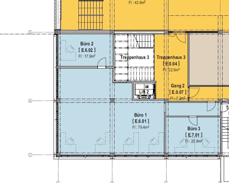 The floor plan shows 3 offices (Büro 1, Büro 2, Büro 3), a staircase (Treppenhaus 3), and a parking space (Gang 2).