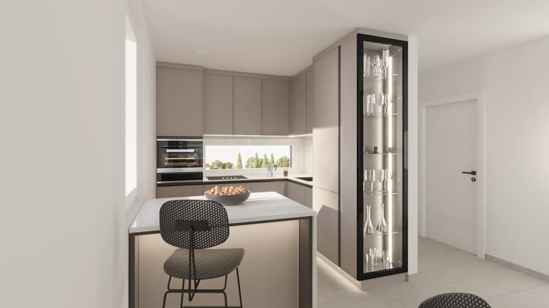 Modern kitchen, counter top, black chair, glass display, modern appliances