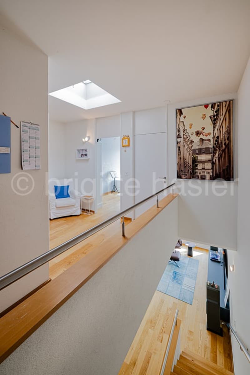 wooden steps, metal railing, blue carpet, natural light from skylight, artwork on wall, mirrored walls, glass window
