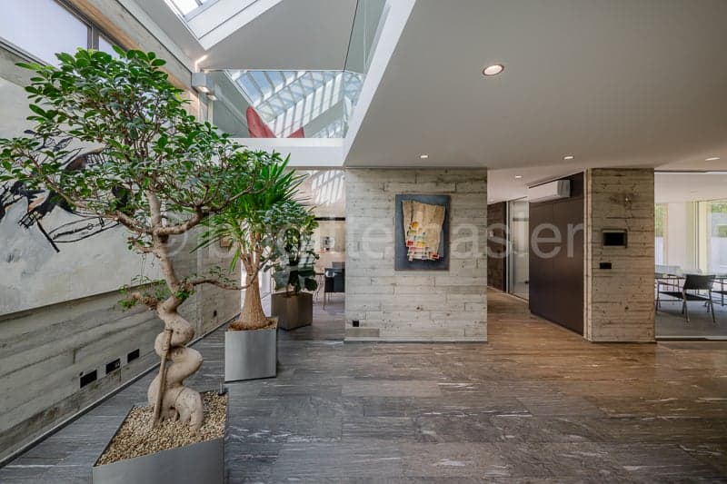 spacious hallway with wooden floors, a large glass ceiling, a mural, indoor plants, and a table and chairs in the distance