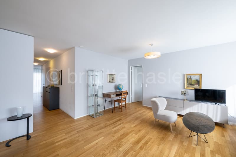 modern living room with wooden floor, white walls, desk, chair, cabinet, TV, table, chair, lamp, picture frames