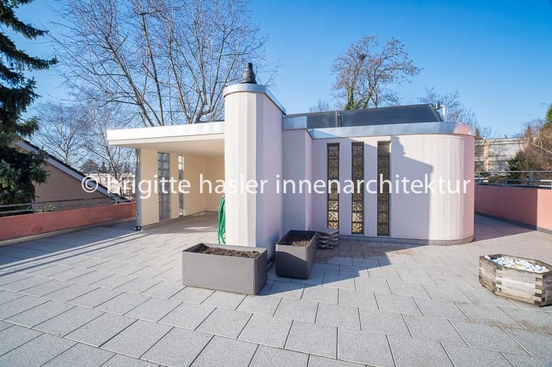 modern house, white exterior, glass windows, tiled roof, balcony, outdoor area
