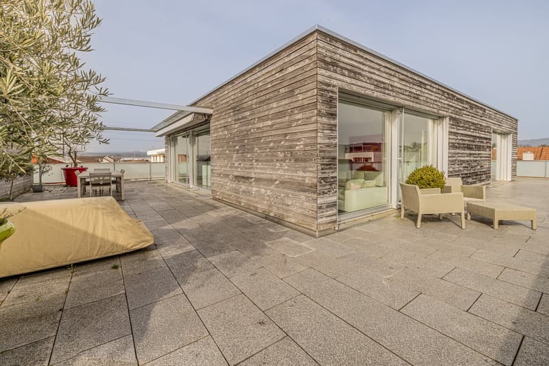 modern wooden house, large windows, terrace, outdoor dining table, covered area, plants