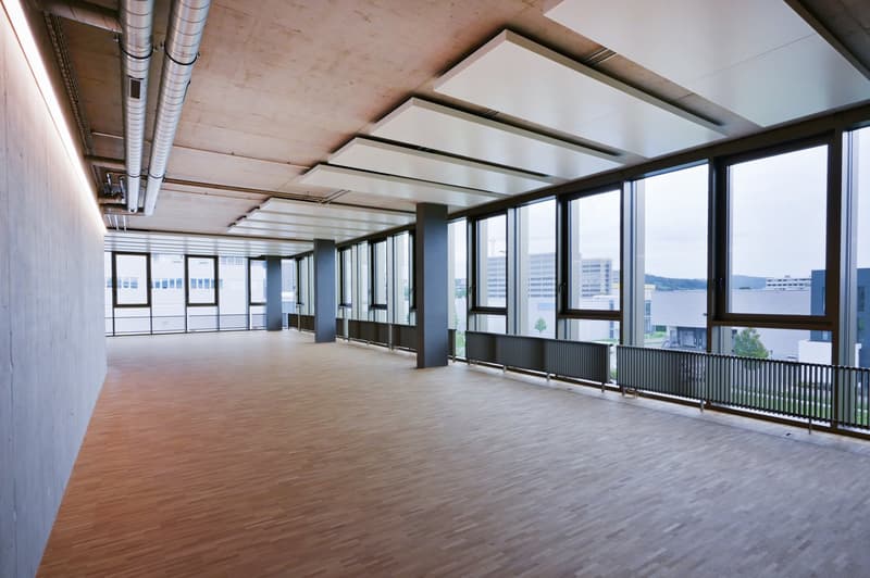 large open space, wooden floor, large windows, metal railings, modern design