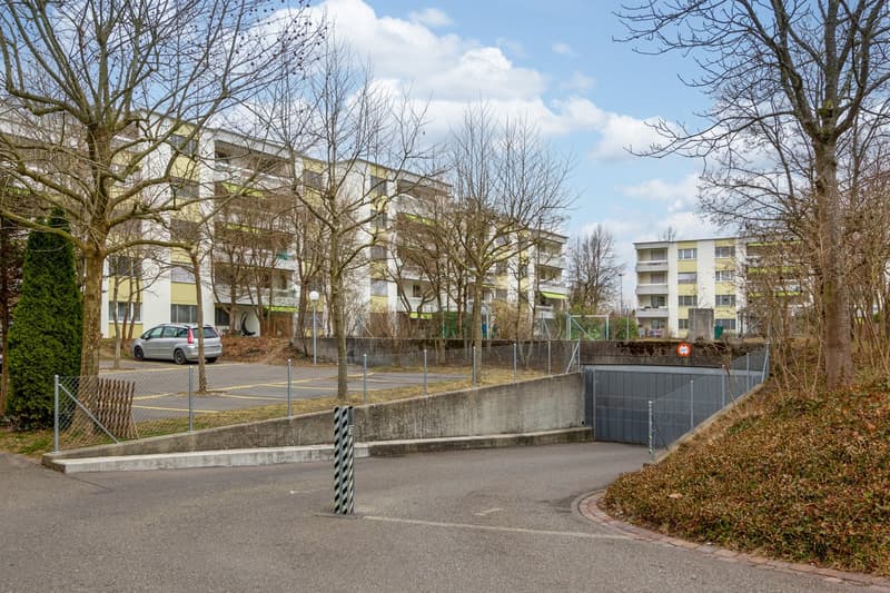 Apartement building, underground parking, trees, bushes, street