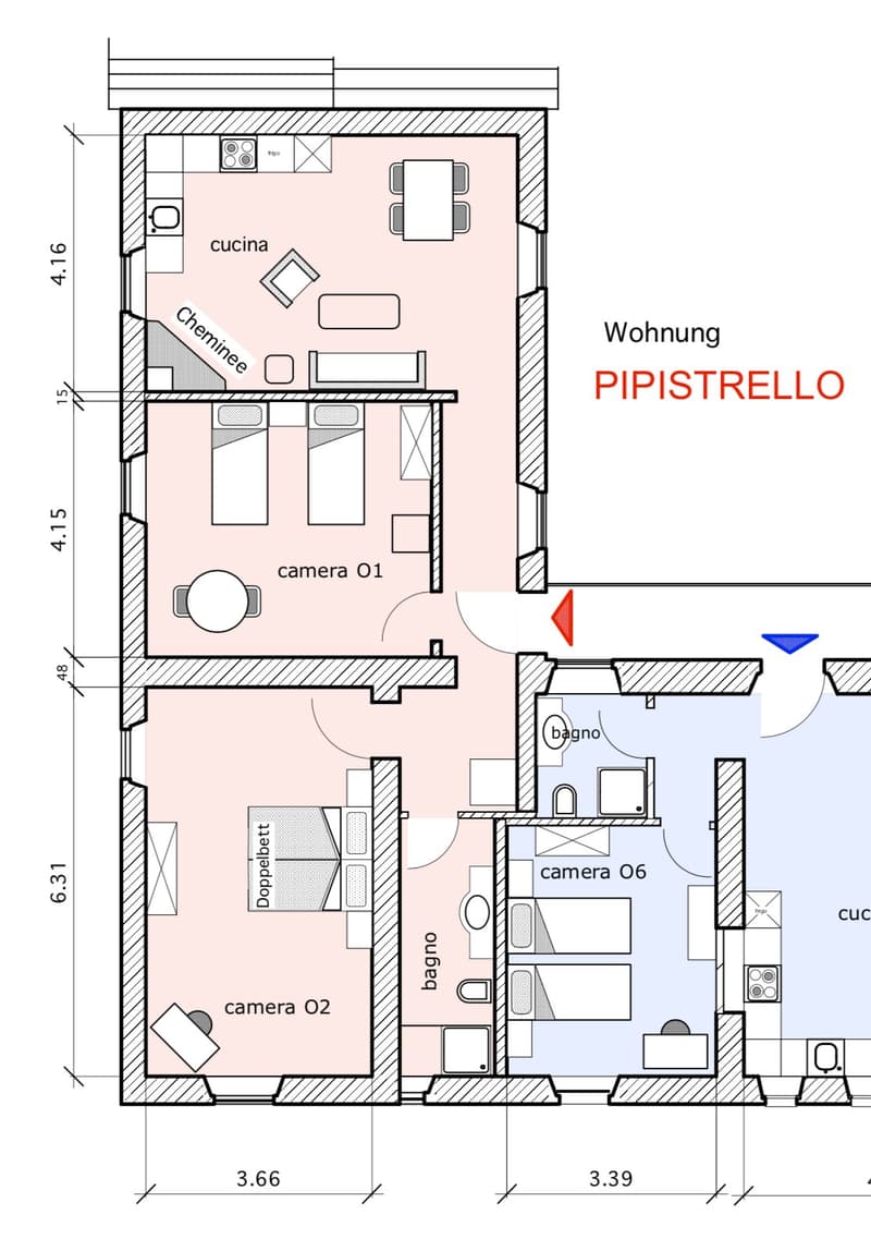 The floor plan shows a one-bedroom apartment with a kitchen, living room, two bedrooms, and a bathroom. The apartment has a balcony or terrace.