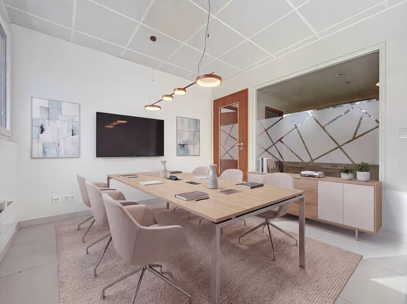 modern office room with a large table, chairs, a TV, paintings, a cabinet, and a rug