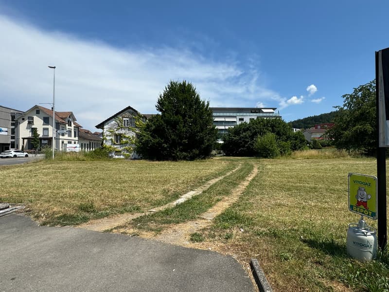 An open lot of grass with tracks leading into it, surrounded by houses and bushes. A gas bottle is visible next to a sign.