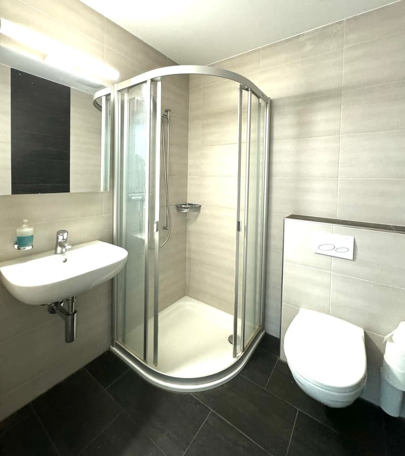 Modern bathroom with a glass shower stall, a white sink, a white toilet, tiled floor, and an overhead light.