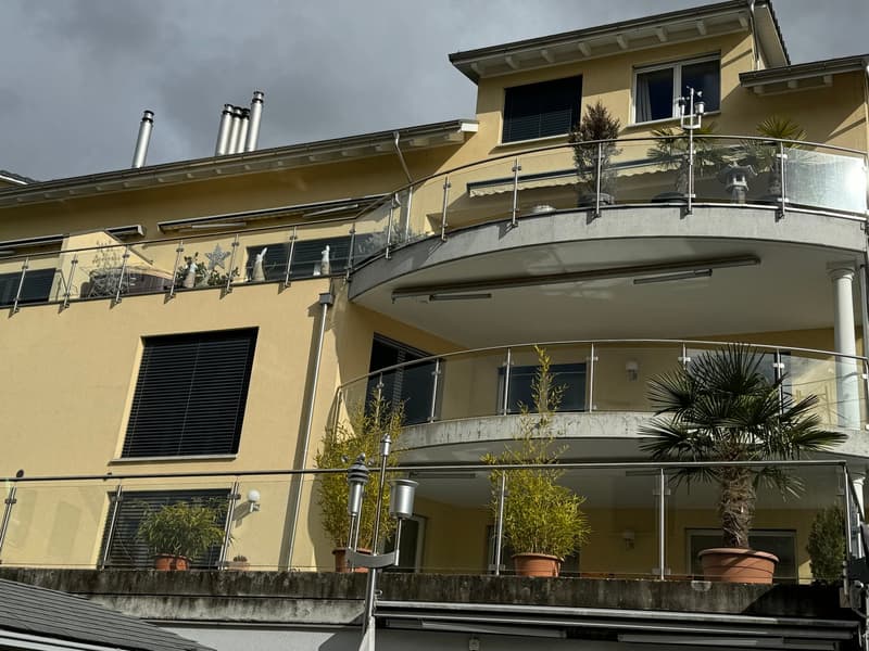 3 story house with glass balcony, multiple potted plants, yellow exterior, gray roof
