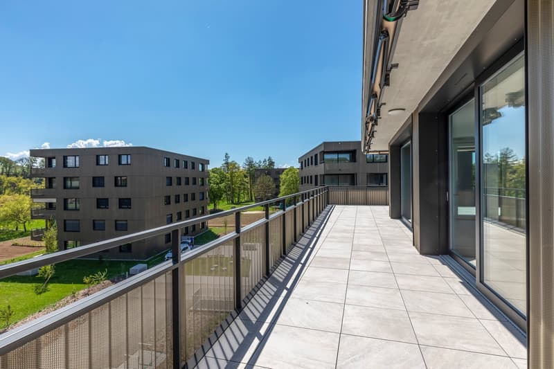 Multi-story modern apartment buildings with balconies, surrounded by trees and greenery. The buildings have a sleek, contemporary design with large windows and a paved walkway leading between the structures.