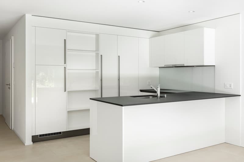 Modern, minimalist kitchen with white cabinets, black countertop, built-in appliances including a dishwasher, and an open layout