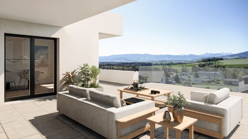 wooden furniture, plants, sofa, terrace, view of mountains