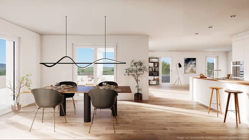 wooden floor, rectangular dining table, modern pendant lighting, wooden chairs, wooden stools, kitchen bar, potted plant, shelf, and glass walls