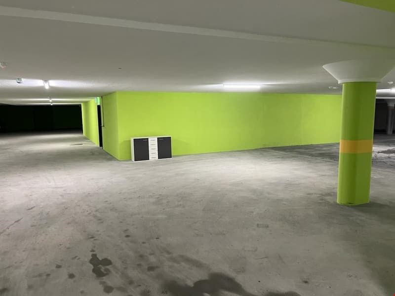 Empty parking area with green walls, concrete floor, column, two small doors, and two cabinets.