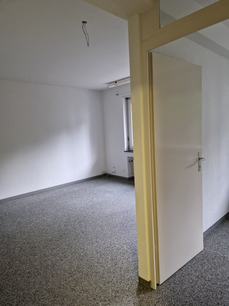 Empty room with white walls, grey carpet, closed white door, power outlet, window with sill, fluorescent light fixture on ceiling