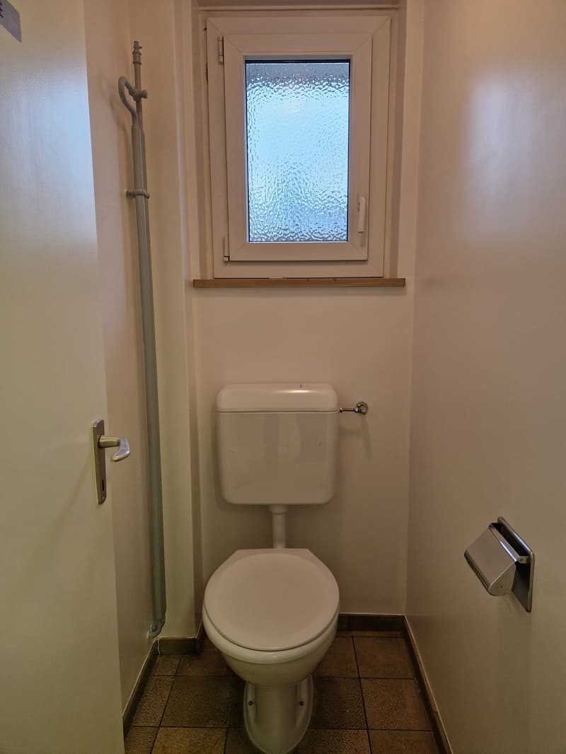 Bathroom with a toilet, tiled floor, and a window with textured glass.