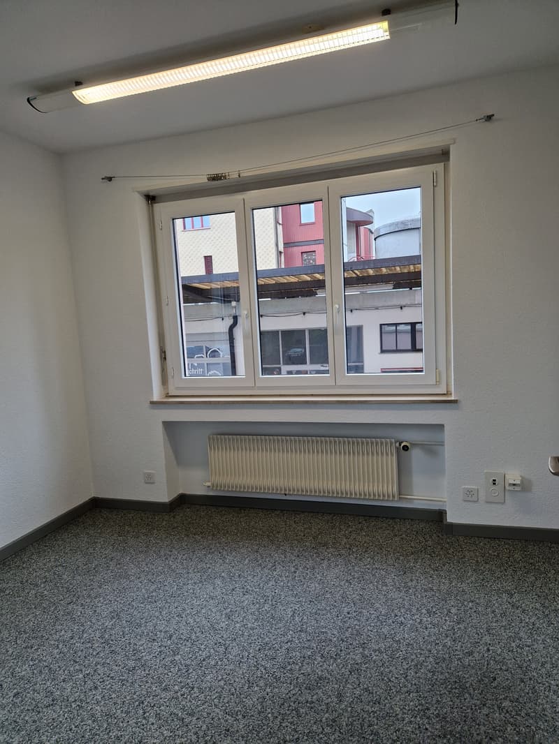 The image shows an empty office space with a large window, a radiator, and a long fluorescent light fixture on the ceiling. The floor is covered in a gray carpet. The room appears to be in a commercial or office building, with views of other buildings vis