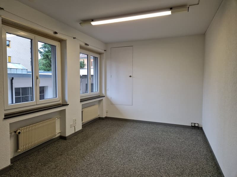 Empty room with white walls, two windows, radiators, and a ceiling lamp. One window has a glass door to a balcony. The floor is gray carpet. The room has two power outlets on the wall, one near the window and one near the door. The balcony overlooks the e