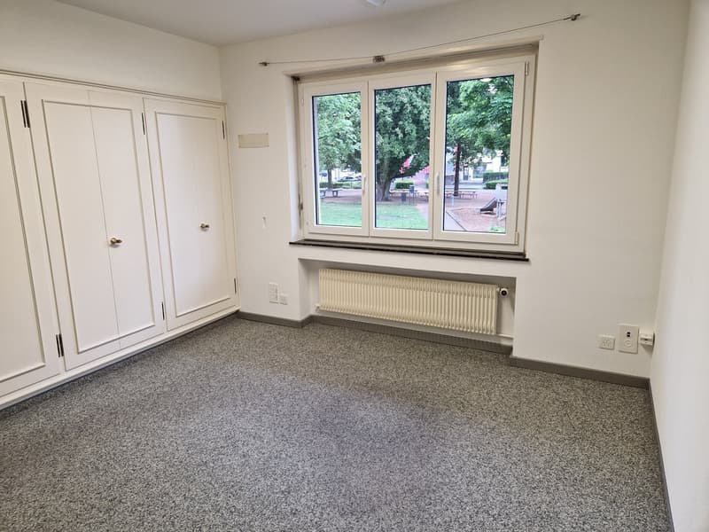 This image shows a spacious room with white walls, a large window overlooking a green outdoor area, and built-in white cabinets along one wall. The room has a carpeted floor in a neutral gray color.