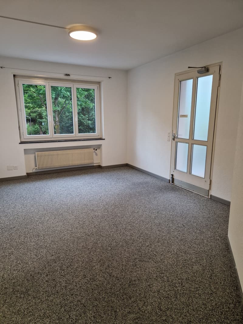 This image shows a spacious room with large windows overlooking a wooded area. The room has white walls, a gray carpeted floor, and a radiator heater. There is a glass door leading to another room or area. The room appears to be empty and ready for furnis