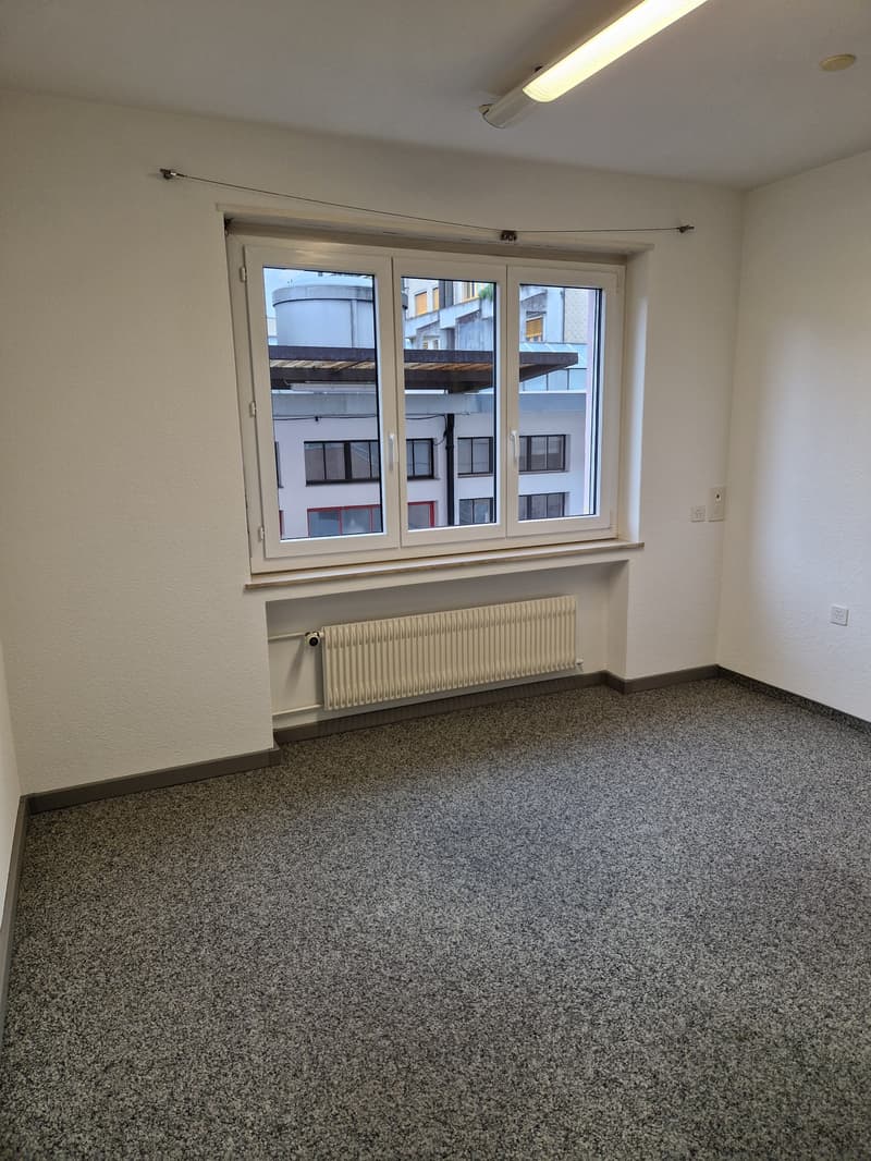 Empty room with white walls, large windows, and a radiator. The floor is covered in a gray speckled carpet.