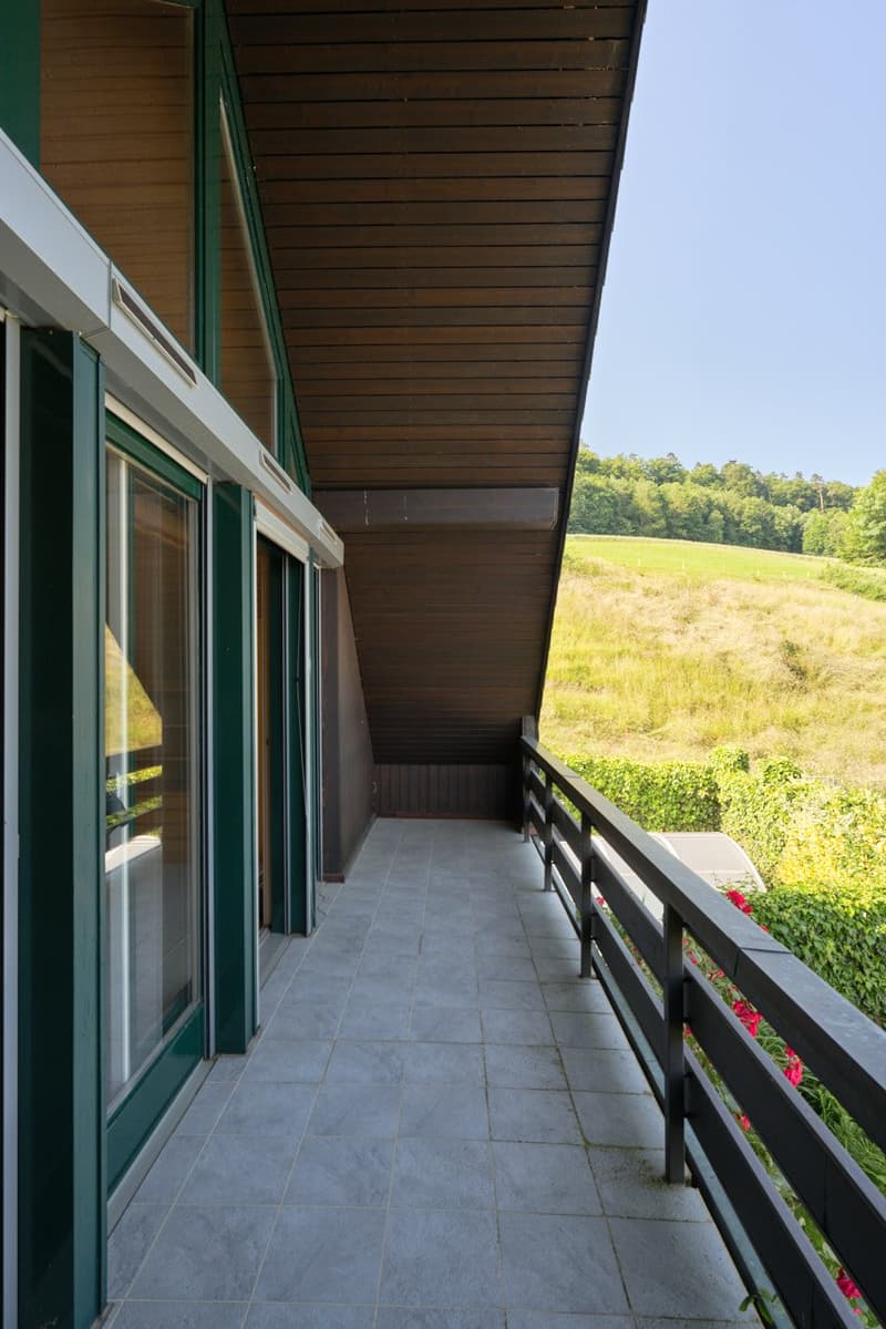 Wooden slatted ceiling, sliding glass doors, tiled floor, railing, scenic view of grassy field and trees