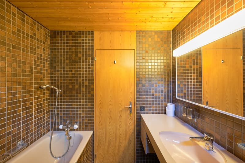 Bathroom with wooden walls and ceiling, tiled floor, shower, vanity with sink, and a private washing machine