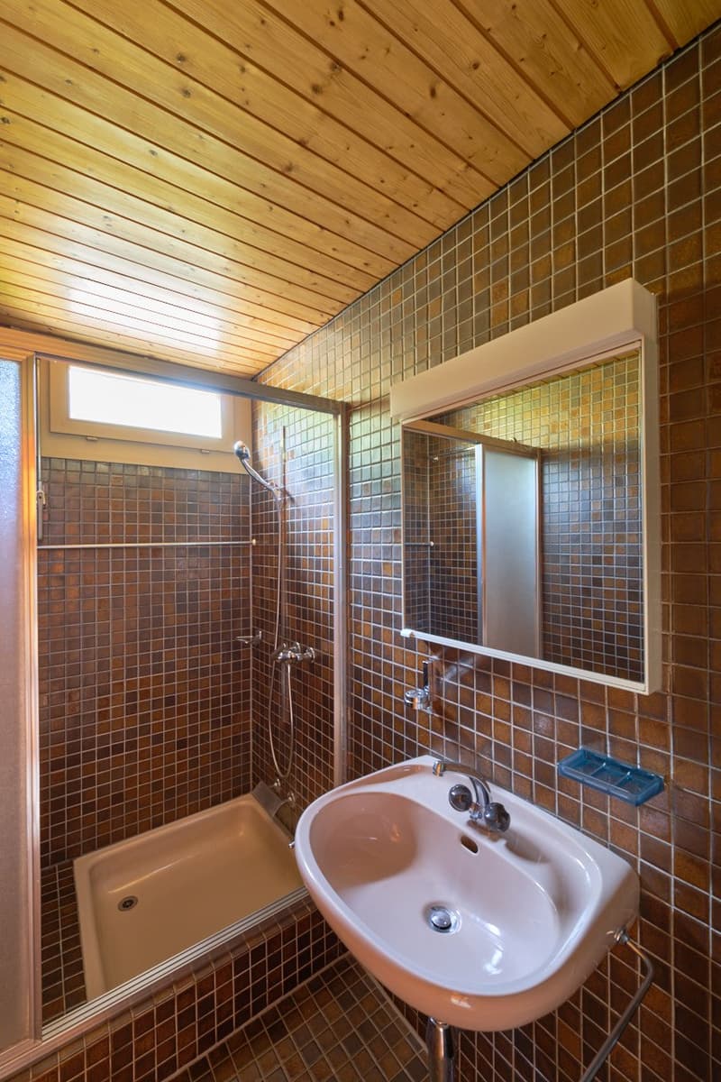Bathroom with wooden ceiling, tiled walls, shower stall, and a sink with a mirror above it.