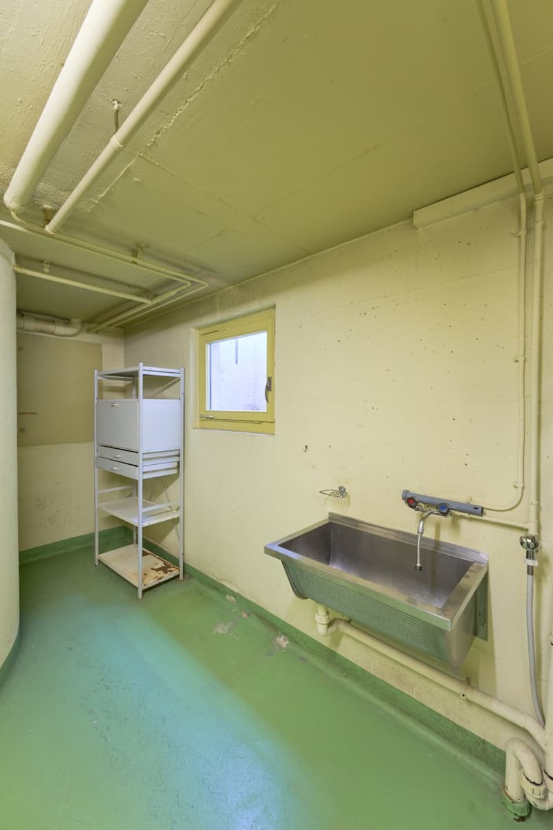 Small room with a utility sink, shelving unit, and concrete floor and walls