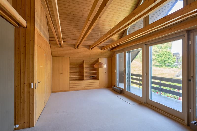 Large open room with wooden ceiling beams, wooden walls, and sliding glass doors leading to a balcony or terrace. The room has built-in shelves and storage units along one wall.