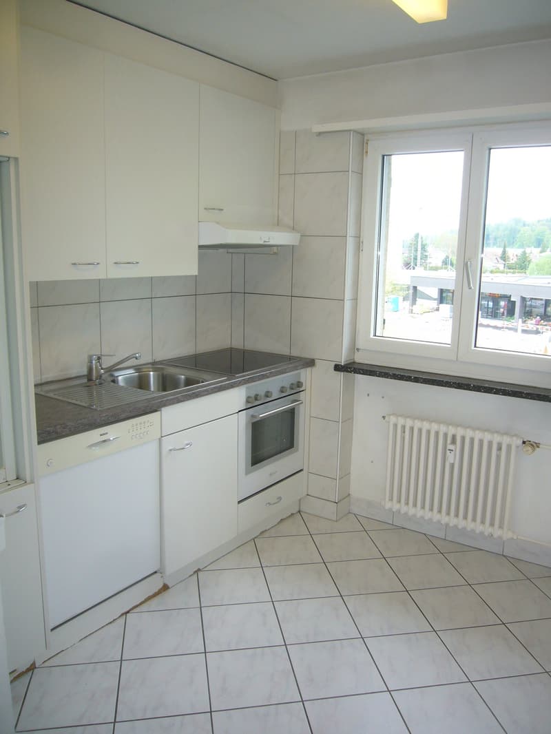 modern kitchen, white tiles, white cabinets, white counter, stainless steel sink, white appliances, white radiator, view of outside