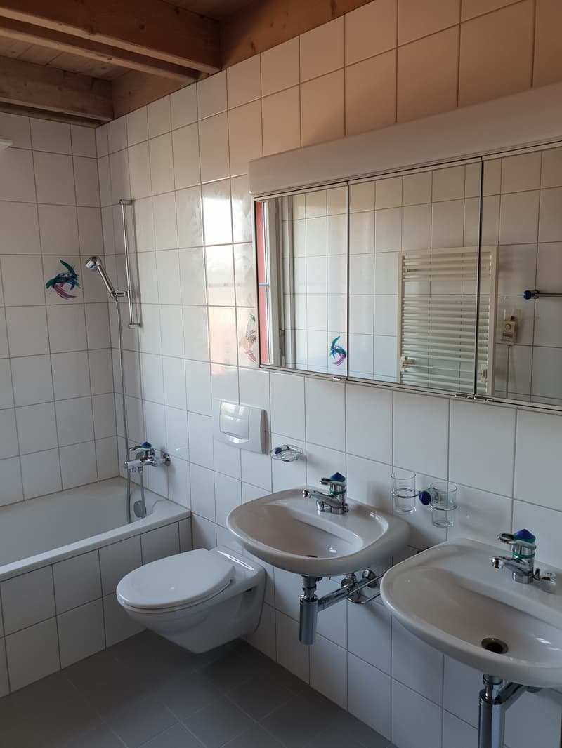 Bathroom with white tiles, bathtub, two sinks, toilet, mirror, and towel rack.