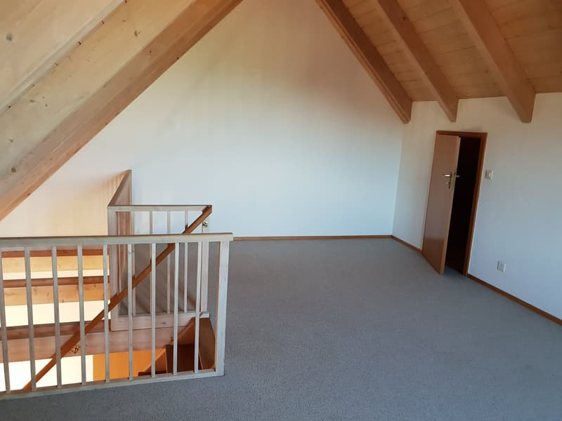 empty room, wooden ceiling, white walls, wooden stairs, carpeted floor