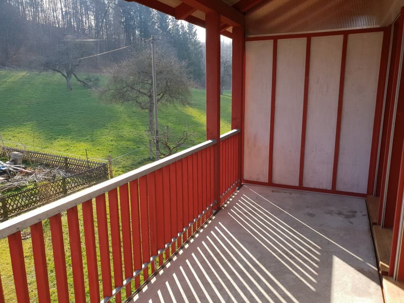 Balcony with red railings, wooden floor, white walls, view of a grassy field