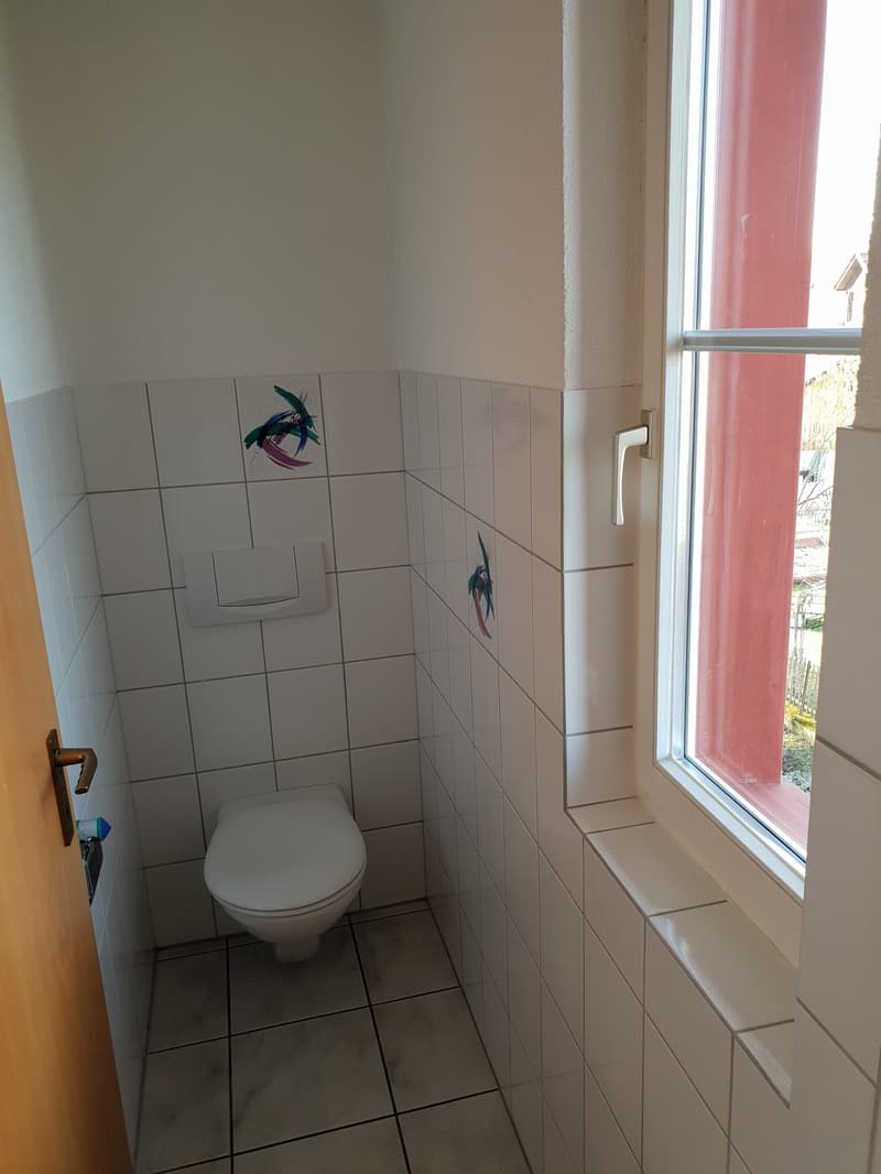 small bathroom with white tiles, white toilet, window, wooden door