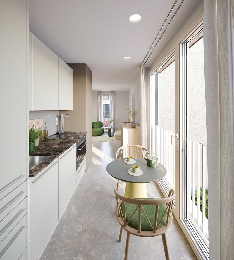 open kitchen with dining area, balcony, modern and minimalist design, marble countertops, built-in appliances, ample natural light