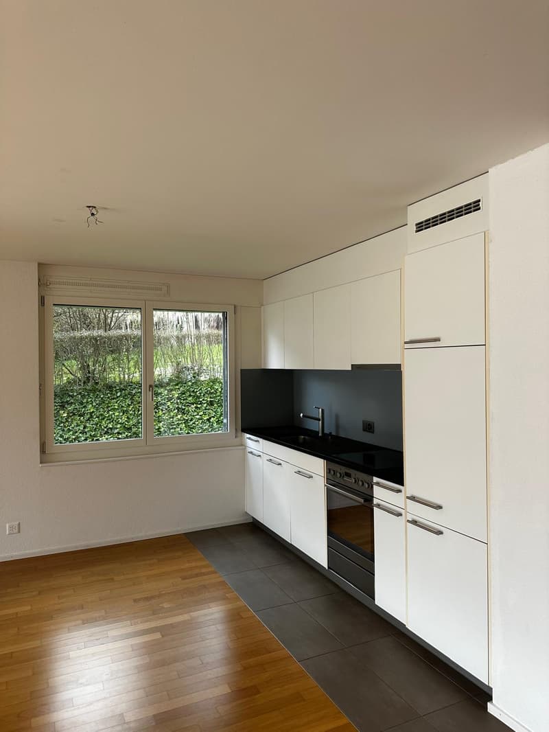 modern kitchen with white cabinets, black countertops, wooden floor, large window, built-in oven, sink with faucet