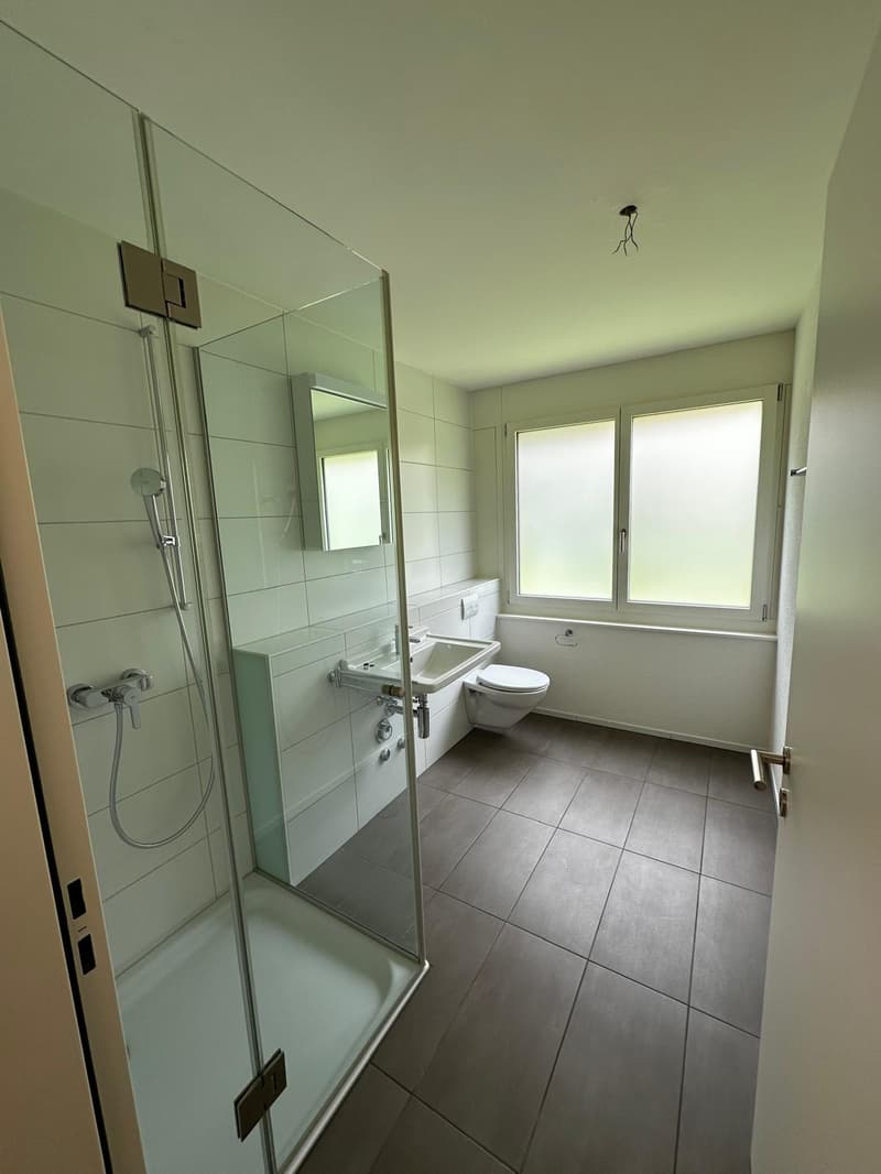 Bathroom with shower, sink, toilet, and window