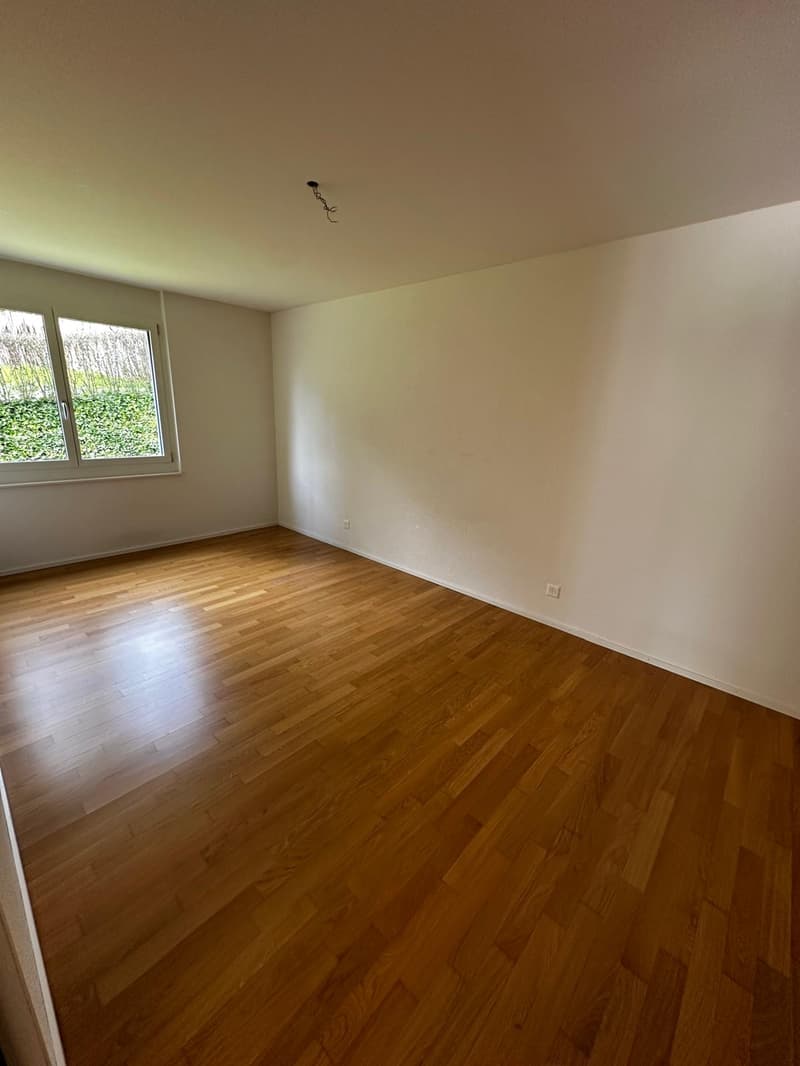 empty room, wooden floor, white walls, window, power outlets