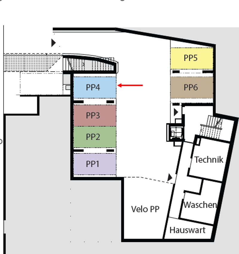 Floor plan with six parking places (PP1-PP6) and a washing area indicated