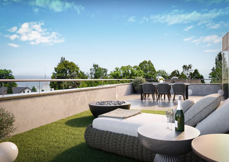 Outdoor patio with table and lounger, green grass, fireplace, and dining set with chairs and a table
