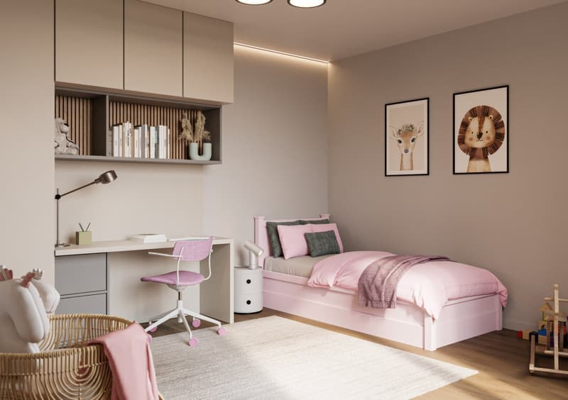 Pink bed with bedhead, shelves with books and decorative items, desk with chair, rug, lamps, two framed prints on wall, wicker basket with clothes, wicker doll, white storage box, toys