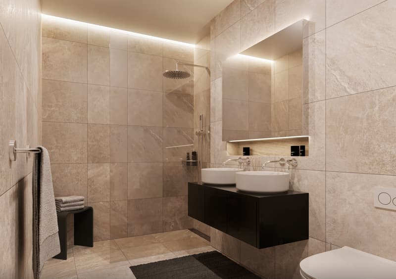 modern bathroom with double sink, shower, toilet, towel rack, and marble tiles