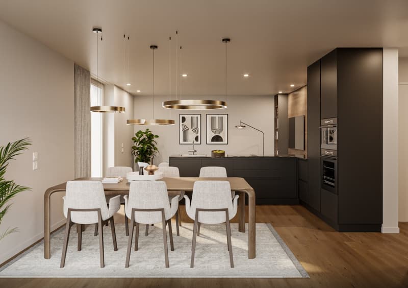Dining area with wooden table, white chairs, wooden flooring, modern kitchen design, chandeliers, modern art, white walls, black cabinets, kitchen with sink, microwave, and oven.