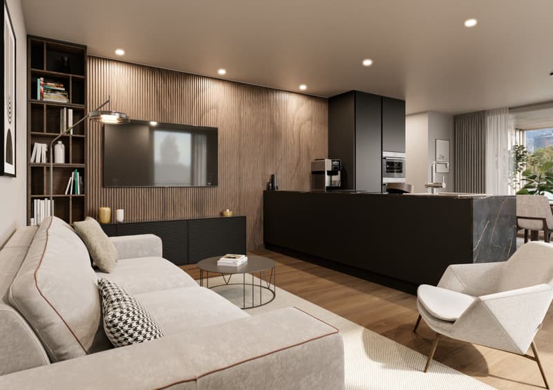 modern living room with a large sofa, coffee table, TV, wooden floor, wooden wall, kitchen island, dining table, and chairs