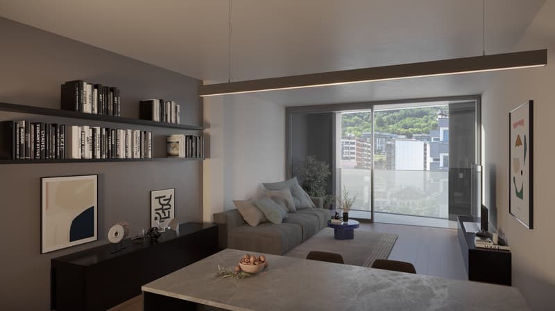 Open living room, gray sofa, coffee table, plants, bookshelf, gray shelves with books, gray walls, ceiling lamp, glass sliding doors, balcony, carpet, table with fruit bowl