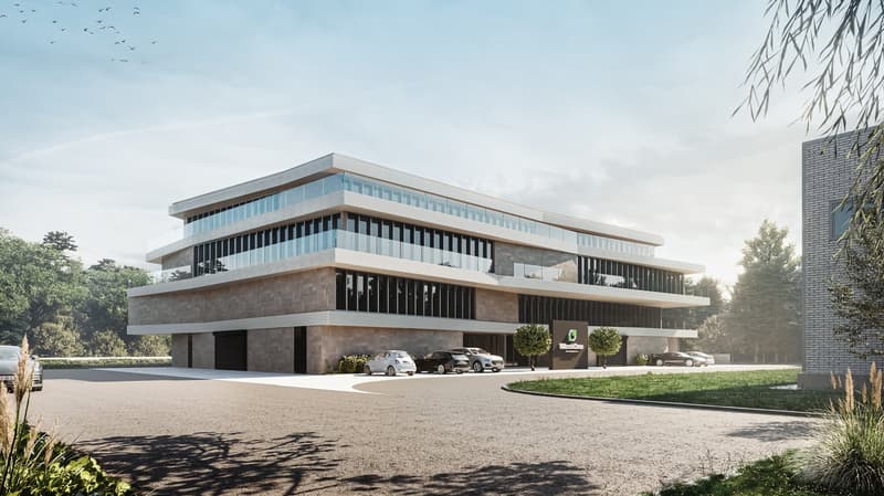 Modern office building, multiple stories, extensive use of glass facade, large driveway, multiple cars parked