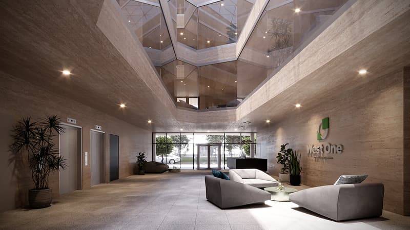 Modern building interior, large open space, geometric ceiling design, marble flooring, glass doors, plants, large windows, entrance hall, elevators, sofa set, coffee table.