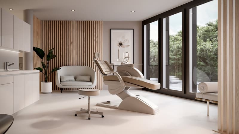 Minimalist design, glass door with view, white decor, modern dental chair, chair for patients, table with tools, decorative frame, green plant